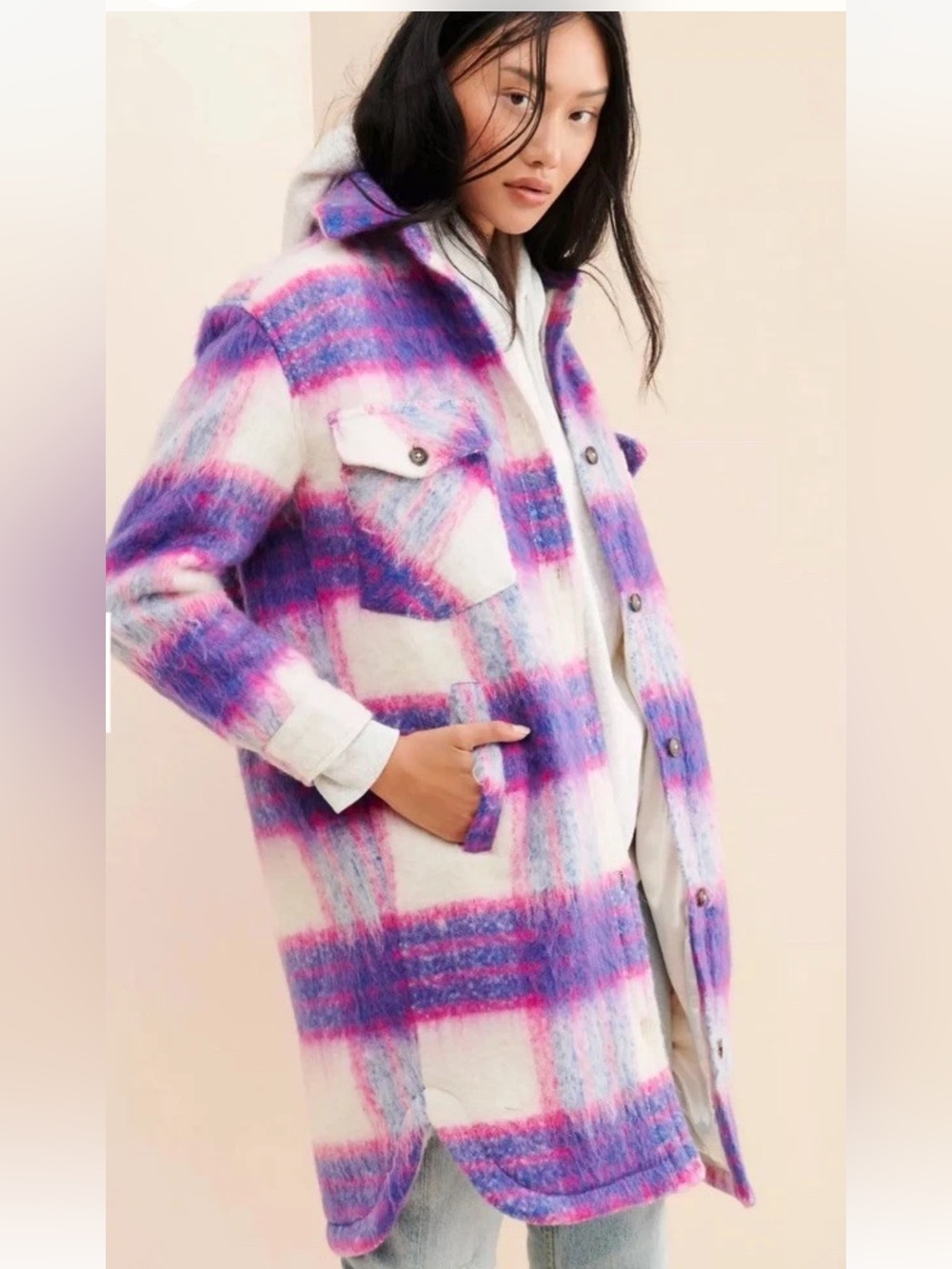 $158Anthropology BlankNYC Prime Time Plaid Jacket XS Pink Wool Blend Shacket - Picture 2 of 12